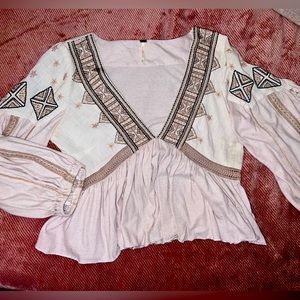 Free People 3/4 Length Sleeve Blouse Embroidered Details